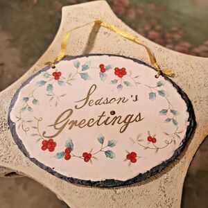 Slate Christmas Sign Hand Painted Oval Season's Greetings HollyBerry Gold Ribbon